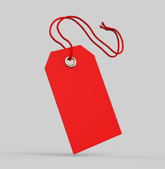 Blank tag tied with string. Price tag, gift tag, sale tag, address label isolated on grey background. 3d render illustration.