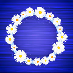 Vector round floral frame with lights effect on bright blue background. Shining banner with stars and glitter. Vector template