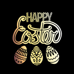 Gold style. Hand written "Easter" and easter folk eggs. Vector illustration for design of card, greeting, poster, banner, print graphic.  