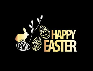 Gold style. Happy Easter, rabbit, eggs, spring branch. Vector illustration for design of card, greeting, poster, banner, print graphic.  