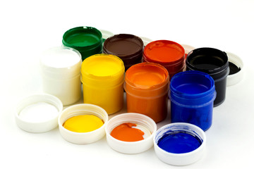 isolated jars with paints on white background