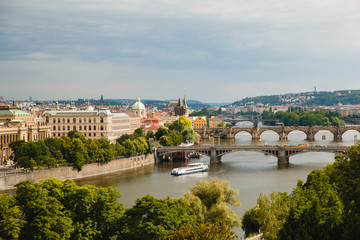 Fototapeta na wymiar PRAGUE,CZECH REPUBLIC - JUNE 23, 2017: view of bridges on Vltava in Prague, Czech Republic