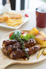 Rip barbecue with baby corn, bell pepper and pineapple grill.