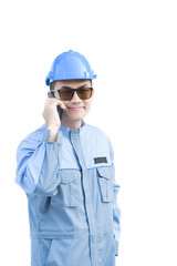 Portrait of an handsome engineer used mobile phone on white background.