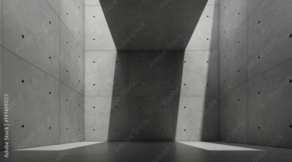 Aufkleber Abstract of architecture space with rhythm of concrete block and light and shadow of the sun,3D render