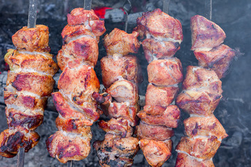 closeup of grilled meat on bbq outdoors