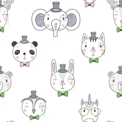 Sierkussen Hand drawn seamless vector pattern with cute animal boy faces in hats, ties, on a white background. Design concept for children, textile print, wallpaper, wrapping paper. © Maria Skrigan