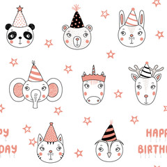 Hand drawn seamless vector pattern with cute animal faces in party hats, Happy Birthday balloons, on a white background with stars. Design concept for kids, textile print, wallpaper, wrapping paper.