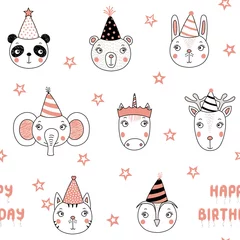 Sierkussen Hand drawn seamless vector pattern with cute animal faces in party hats, Happy Birthday balloons, on a white background with stars. Design concept for kids, textile print, wallpaper, wrapping paper. © Maria Skrigan
