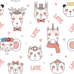 Sierkussen Hand drawn seamless vector pattern with cute animal faces with heart shaped eyes, text Love, on a white background. Design concept for children, textile print, wallpaper, wrapping paper. © Maria Skrigan