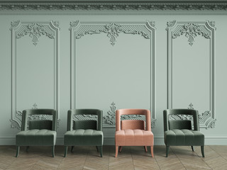 Pink armchair among green ones in classic vintage interior with copy space.Pale olive walls with moldings and decorated cornice. Floor parquet herringbone.Digital Illustration.3d rendering