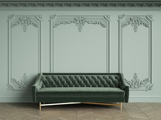 Green tufted sofa in classic vintage interior with copy space.Pale olive walls with moldings and decorated cornice. Floor parquet herringbone.Digital Illustration.3d rendering