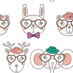 Sierkussen Hand drawn seamless vector pattern with cute animal faces in heart shaped glasses, different hats, on a white background. Design concept for children, textile print, wallpaper, wrapping paper. © Maria Skrigan