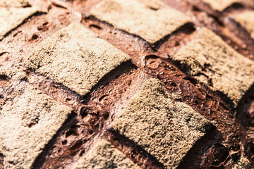 freshly baked bread crust background. Bakery