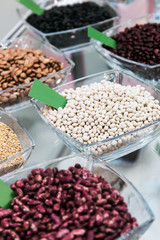 Obraz premium views of beans and cereals on the table in the kitchen. Products for cooking.