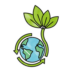 world planet with leafs plant ecology icon vector illustration design