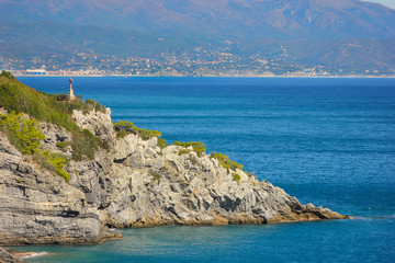 Fototapeta premium Seascape with rocky coastline at Bergeggi, Liguria, Italy