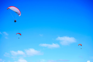 Paragliding over the ocean on the island of Bali. The blue sky shimmers with the blue ocean. The parasutists fly high above the precipice like birds. Aerial view with copy space