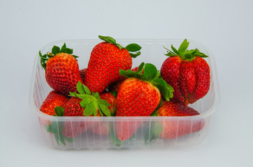fresas en envase de plástico rojas y fondo blanco