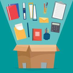 Box with office objects.