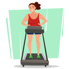 Fat woman on running treadmill in gym.