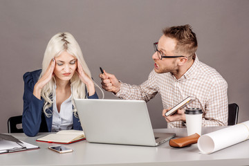 boss yelling at woman after for disagreement, misunderstanding or unfair treatment in workspace....