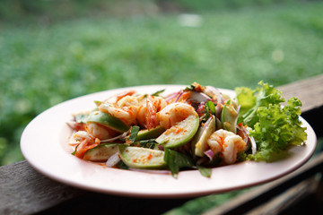 Spicy Green Eggplant Salad with Prawns with green background