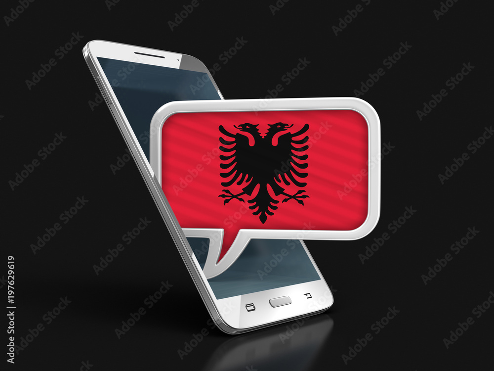 Poster touchscreen smartphone and speech bubble with albanian flag. image with clipping path
