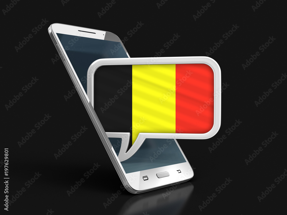 Poster touchscreen smartphone and speech bubble with belgian flag. image with clipping path