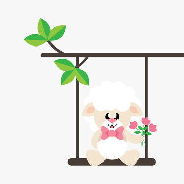 cartoon cute sheep with tie and flowers on a swing and on a branch