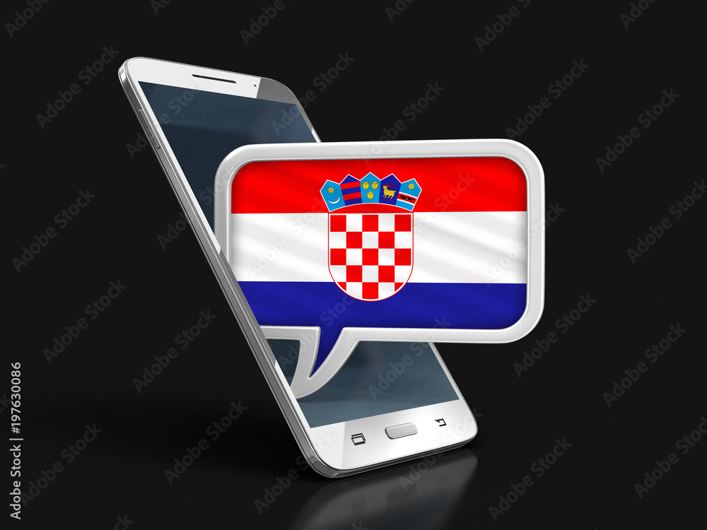 Poster touchscreen smartphone and speech bubble with croatian flag. image with clipping path