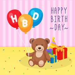 Bear Doll holding Happy Birthday Balloon beside the Gift Box in Party.