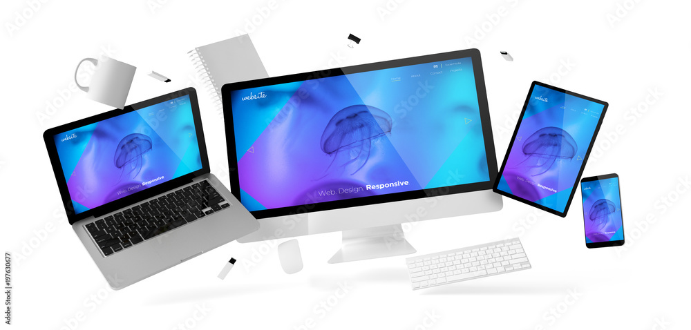 Poster office stuff and devices floating with responsive cool design website