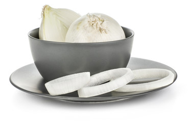 White onion set fresh pearls with three sliced rings on a grey plate isolated on white background.