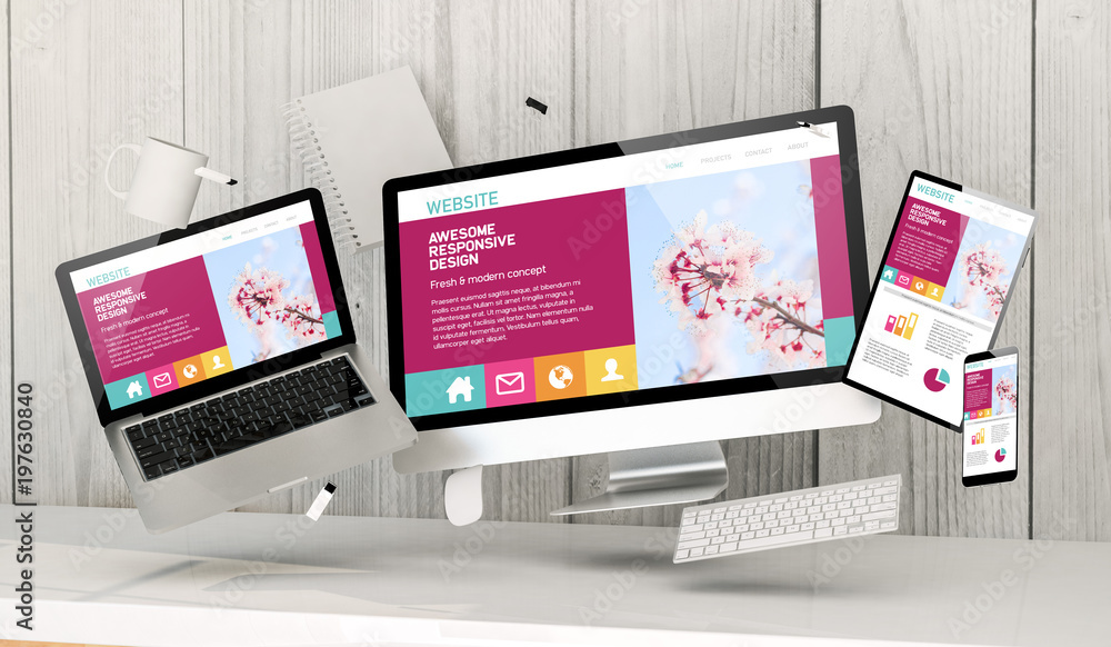 Canvas Prints floating devices at the office with awesome responsive homepage on screen