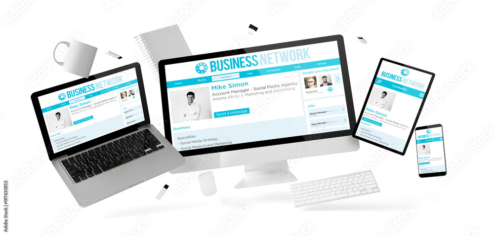 Poster office stuff and devices floating with business network