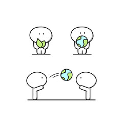 Funny cute man and green plant or sprout
 with leaves, planet earth or globe in the hands. Environment, ecology, nature and spring, life protection and responsibility cartoon vector illustration.