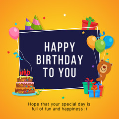 Happy Birthday Card Template with Bear Character and Party Decoration Ornament