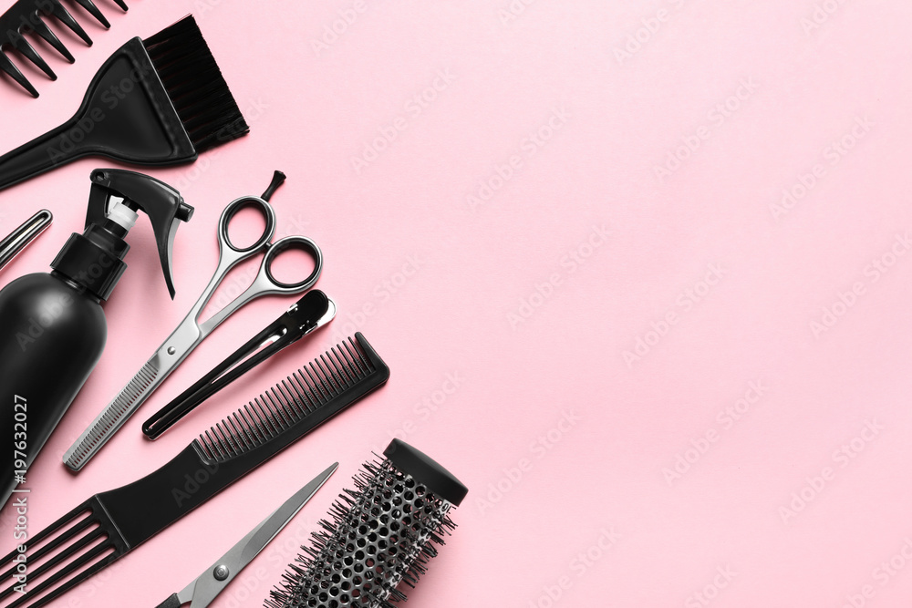 Canvas Prints Professional hairdresser set on color background