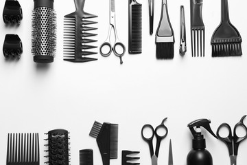 Professional hairdresser set on light background