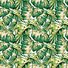 Obraz premium Watercolor Seamless Pattern. Hand Painted Illustration of Tropical Leaves and Flowers. Tropic Summer Motif with Liana Pattern.