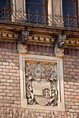 Architectural details of the castle with a black tiled roof. Prague, Czech Republic
