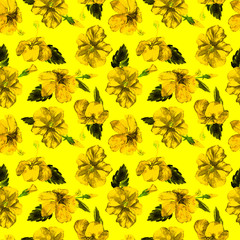 Watercolor Seamless Pattern. Hand Painted Illustration of Tropical Leaves and Flowers. Tropic Summer Motif with Hibiscus Pattern.