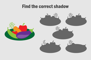 Find the correct shadow, game for children, vegetables in cartoon style, education game for kids, preschool worksheet activity, task for the development of logical thinking, vector illustration