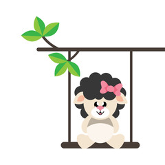 cartoon cute sheep girl black with bow on a swing and on a branch