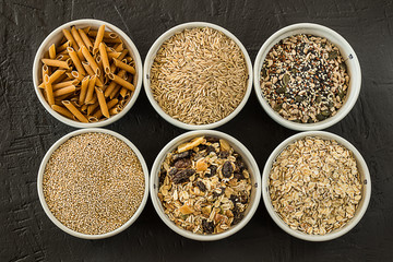 Quinoa, brown rice and oats. Healthy whole grain cereals.Whole-grain carbohydrates. Vegan food concept