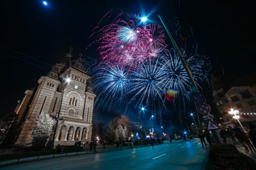 Fireworks near the Orthodox Cathedral in Timisoara on the occasion of Romanian National Day
