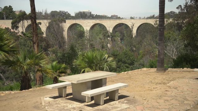 Table with benches near Cabrillo Bridge