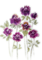 Seven purple roses on a white background. The dabbing technique near the edges gives a soft focus effect due to the altered surface roughness of the paper.