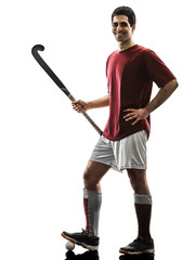Naklejka premium one caucasian field hockey player man isolated silhouette on white background